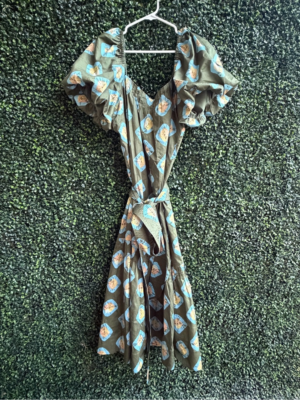 Tuckernuck Olive Midi Dress with Blue and Orange Floral Motif